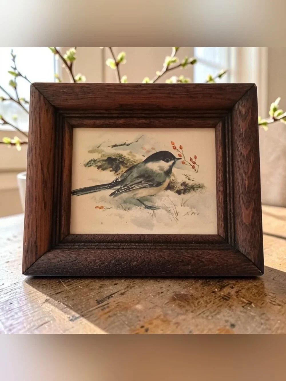 Vtg Mini Framed Chickadee Bird Print Rustic Wood Frame Cottagecore Cabin Decor